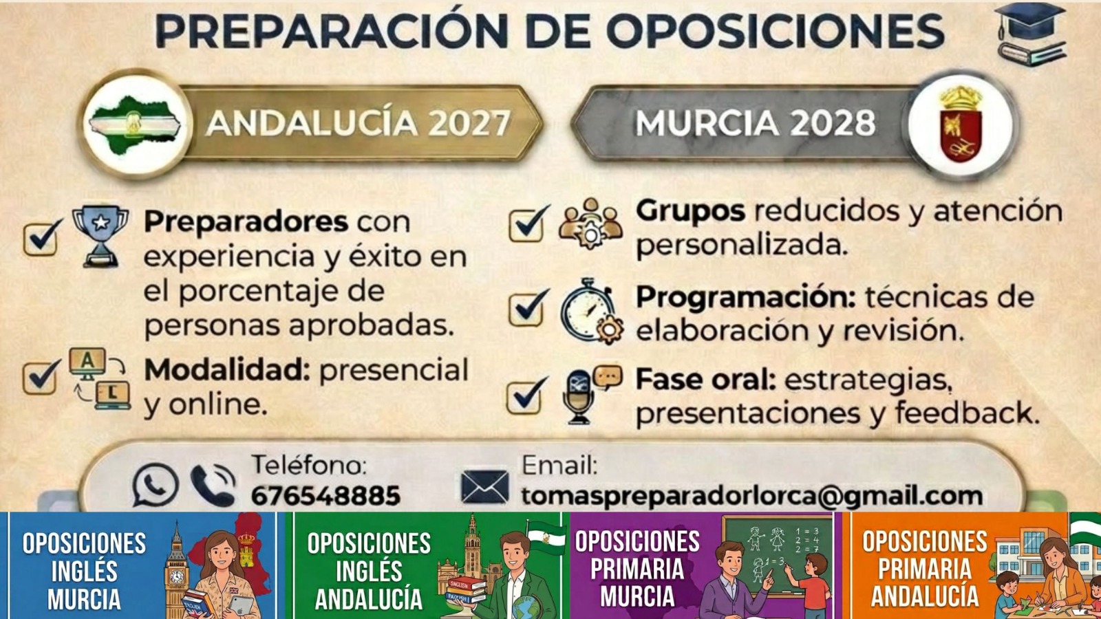Clases de preparación oposiciones inglés primaria de la Región de Murcia y Andalucia